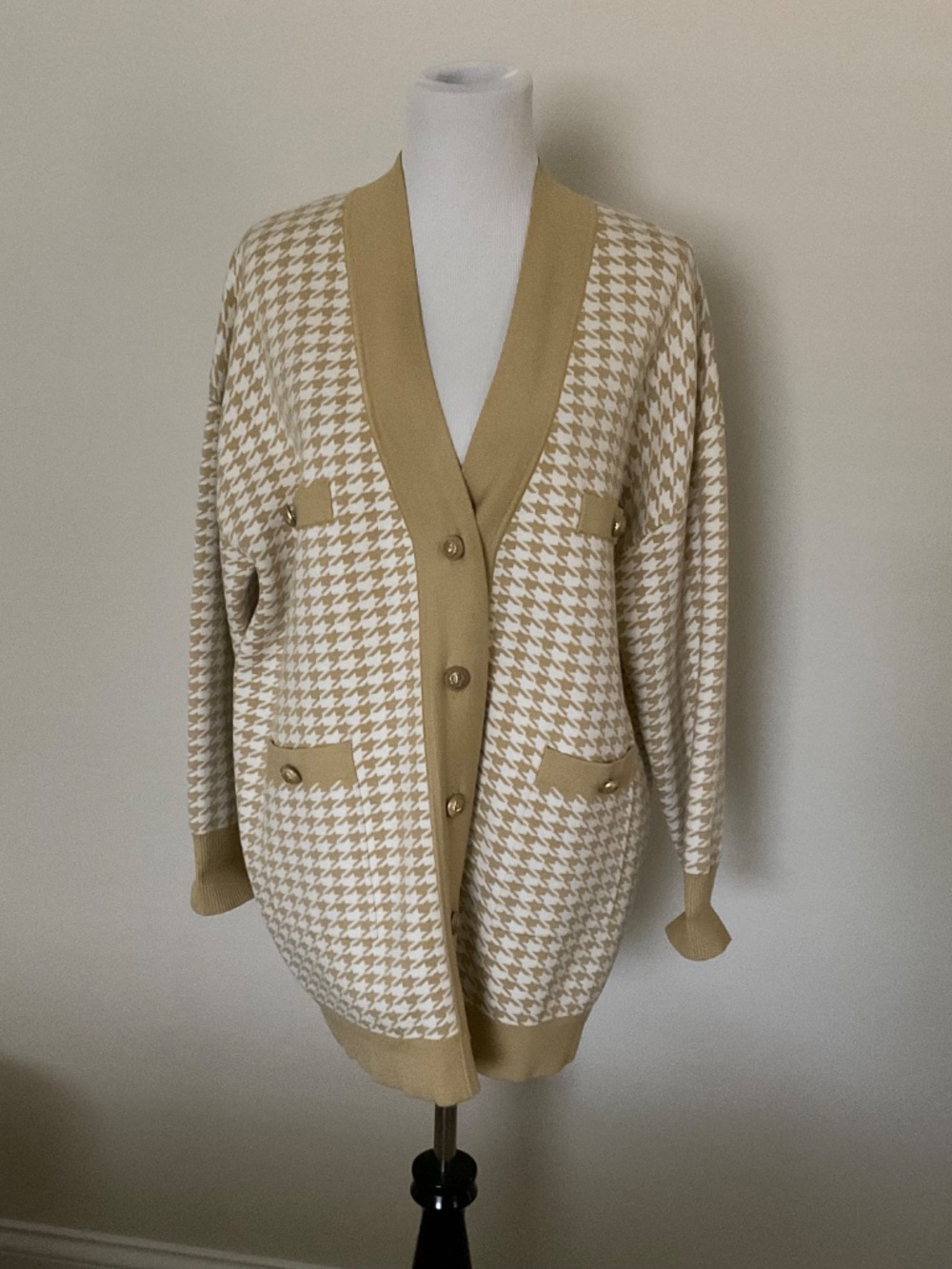 NWT SANDRO PARIS HOUNDSTOOTH CARDIGAN IN BEIGE/YELLOW SIZE 3 ( L ) - Picture 4 of 16